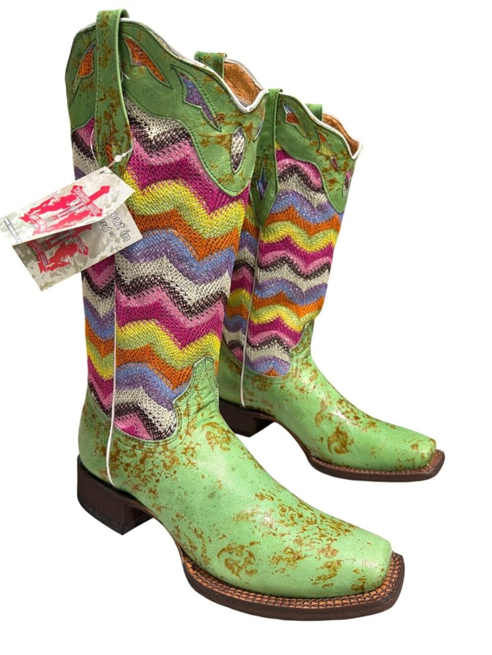 Tanner Mark Multicolor Chevron Rustic Leather Western Boots Size 7.5 Square Toe